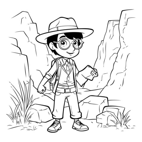 Boy scout with backpack and map. black and white vector illustra