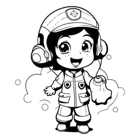 Black and White Cartoon Illustration of Kid Astronaut Character