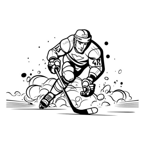 Ice hockey player on the ice. Black and white vector illustratio