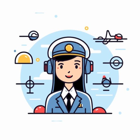 Pilot girl in uniform. Vector illustration in flat design style.