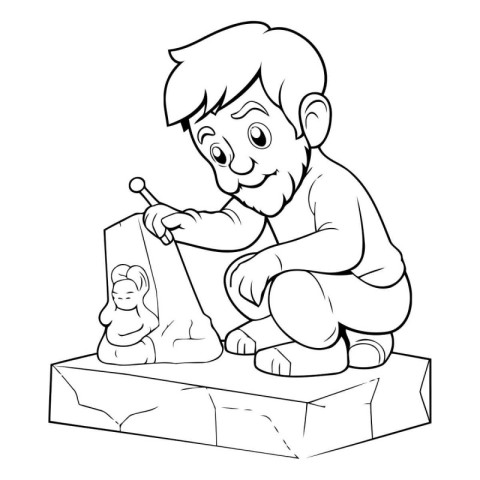 Boy playing with a stone. Coloring book page for kids.