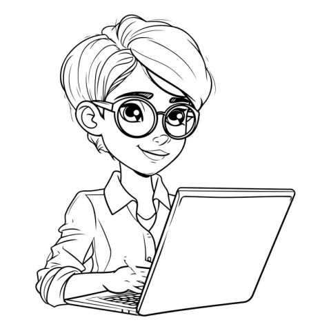 Businesswoman cartoon with laptop. Black and white illustration