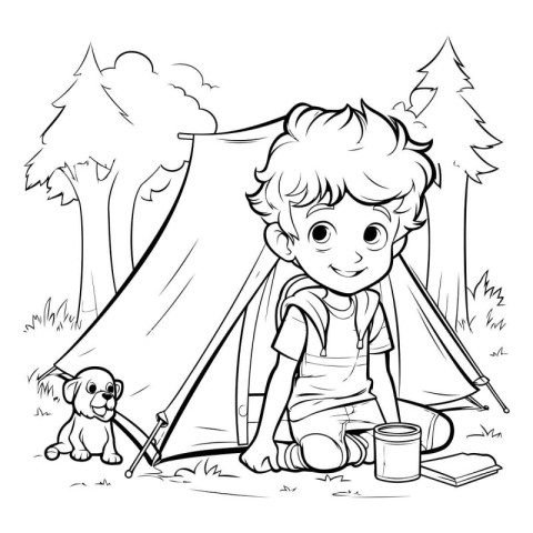 Boy with dog and camping tent. Vector illustration for coloring