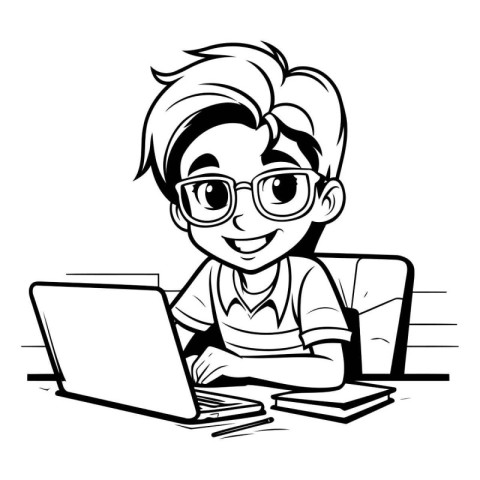 Boy with glasses and laptop. Vector illustration of a boy with g