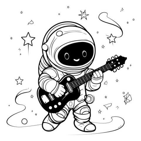 Cute cartoon astronaut playing the guitar. Hand drawn vector ill