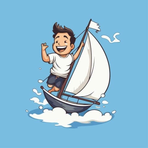 Happy boy sailing on a sailboat. Vector cartoon illustration iso