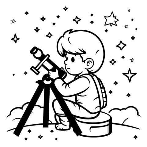 Boy with telescope on white background. Vector illustration for