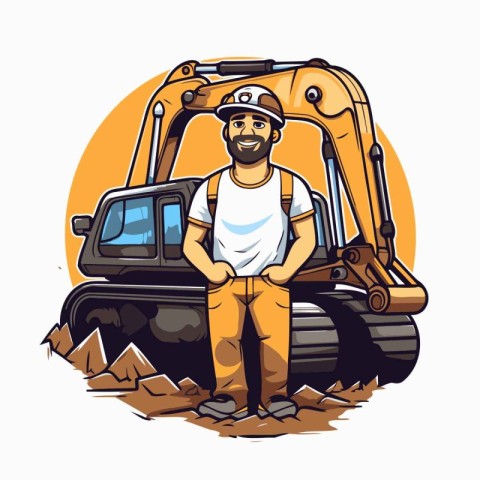 Excavator operator. Construction worker. Vector illustration in