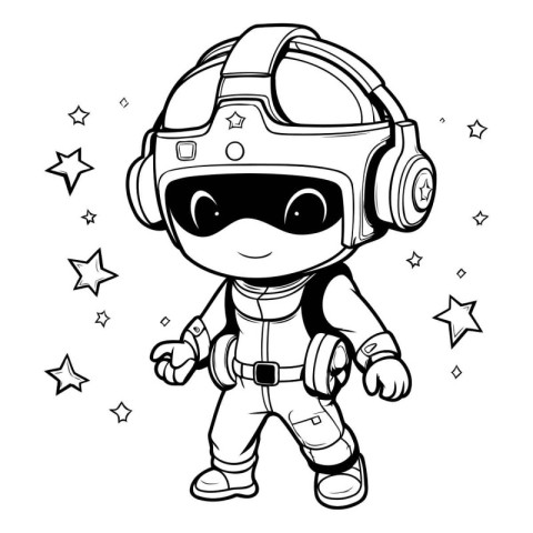 Black and White Cartoon Illustration of Cute Astronaut Boy Chara