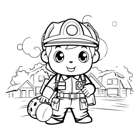 Black and White Cartoon Illustration of Cute Little Fireman Char