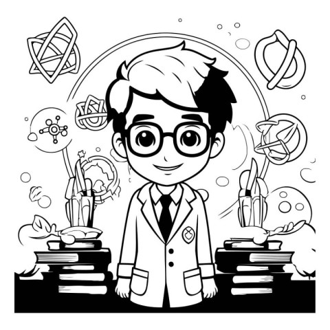 Black and white vector illustration of a boy in a science class.