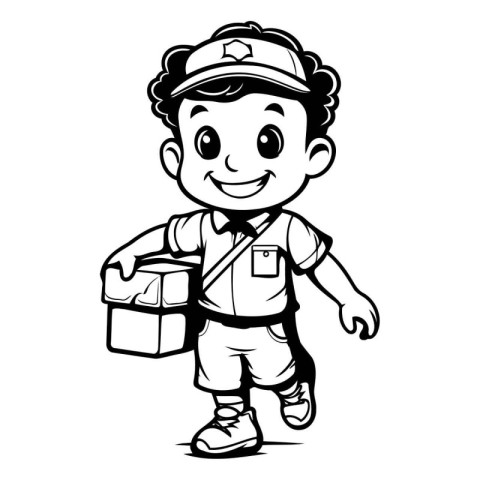 Cute Delivery Boy - Black and White Cartoon Illustration. Vector