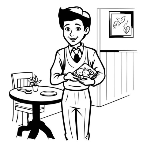 Man with baby in hands at home. Black and white vector illustrat