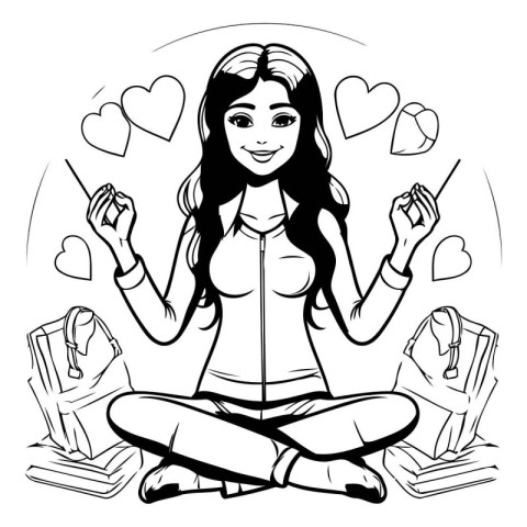 Beautiful girl in a lotus position. Black and white vector illus