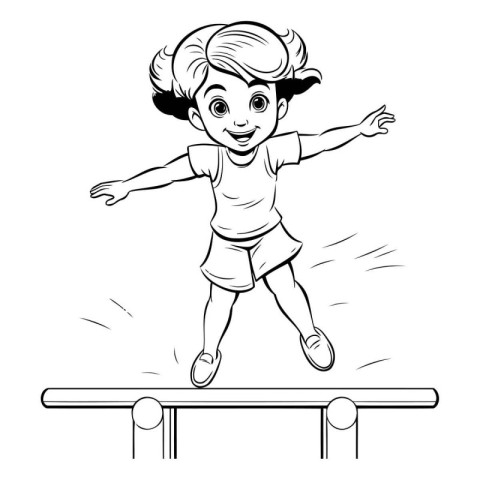 Little girl jumping on a trampoline. Black and white vector illu