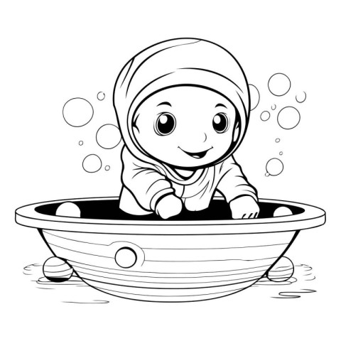 Vector illustration of Cute baby in bathtub. Coloring book