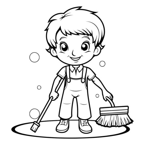 Black and White Cartoon Illustration of Little Boy Cleaning Floo