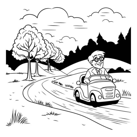 Grandfather driving a car on the road. black and white vector il