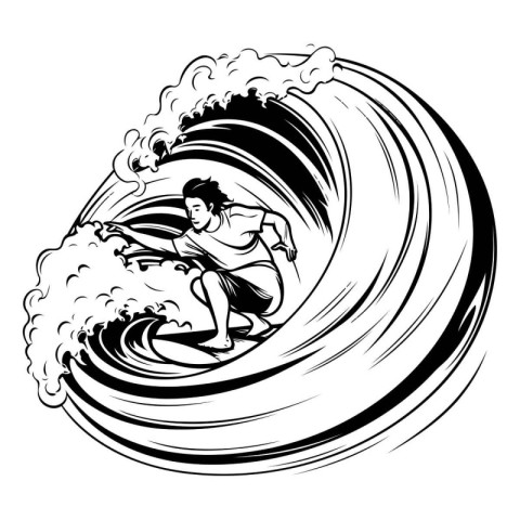 surfer on a big wave. black and white vector illustration.