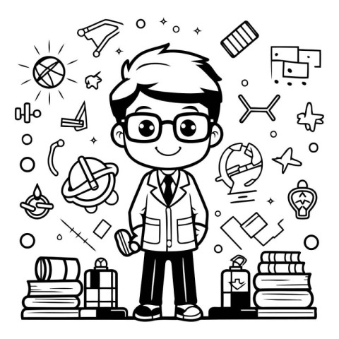 Cute cartoon schoolboy with books. Vector illustration for your