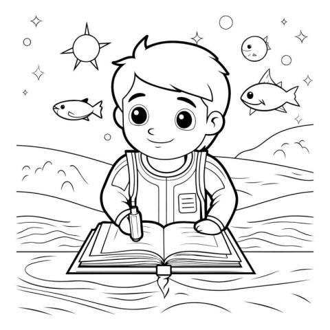 Cute little boy reading a book. Vector illustration. Coloring bo