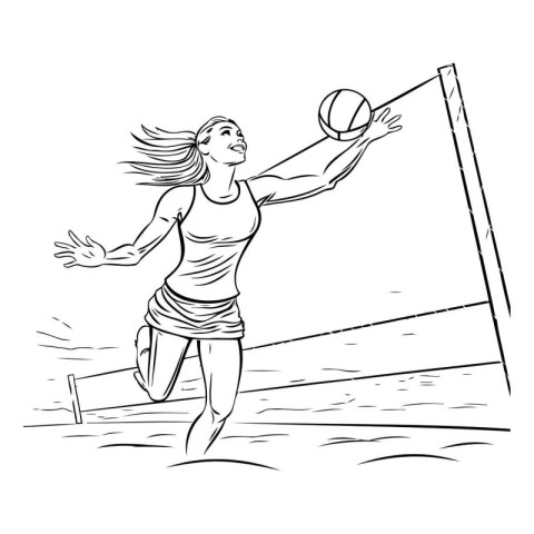 Young woman playing volleyball on beach. Black and white vector