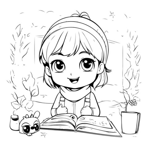 Cute little girl reading a book at home. Black and white vector