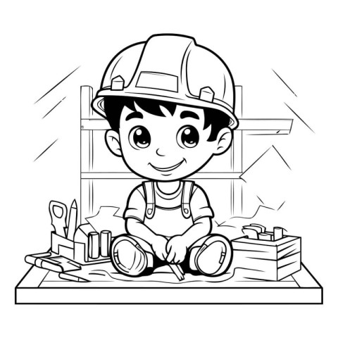 Black and White Cartoon Illustration of Little Boy Construction