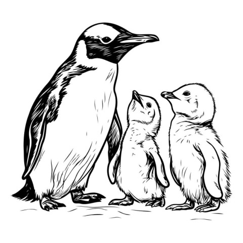 Penguin family with chick. Black and white vector illustration.