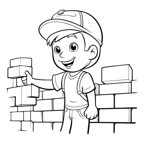 Illustration of a Kid Boy Carrying Bricks - Coloring Book