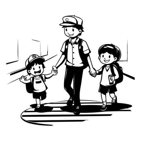 School boy and girl go back to school. Black and white vector il