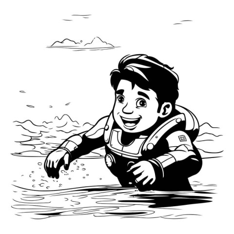 Boy diving - Black and White Cartoon Illustration of Kid Diving