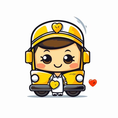 Cute astronaut boy driving a school bus. Vector cartoon characte