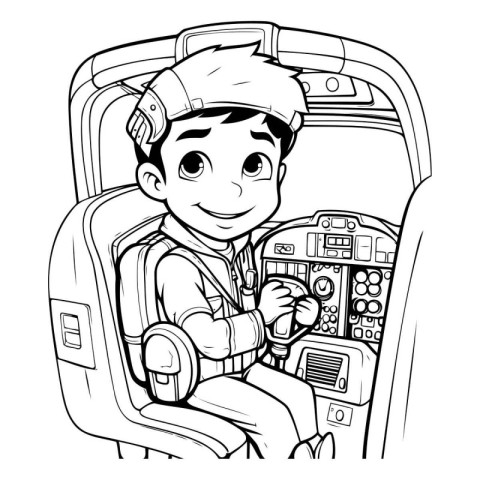 Black and White Cartoon Illustration of Kid Boy Driving Car or A