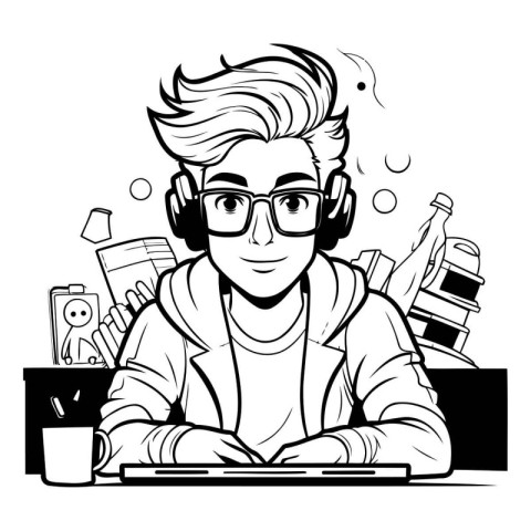 Young man working at the computer. Black and white vector illust