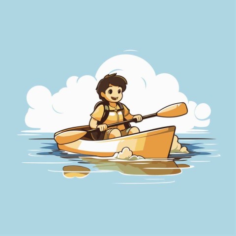 Cute cartoon man in a kayak on the water. Vector illustration.