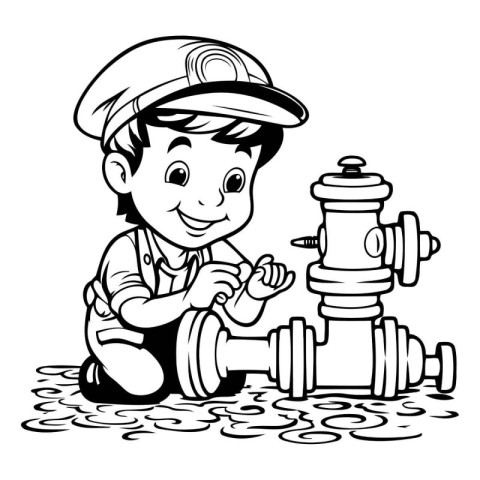 Black and White Cartoon Illustration of Boy Plumber Repairing Wa