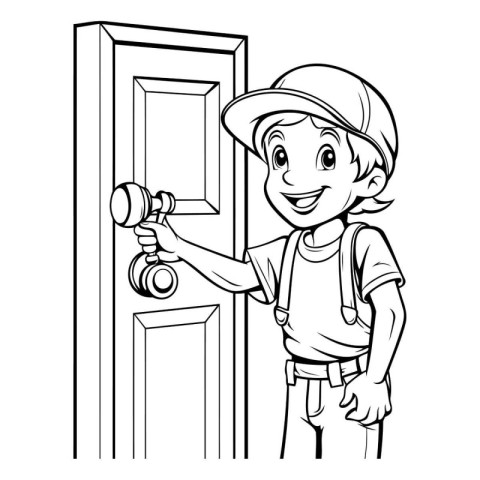 Black and White Cartoon Illustration of Kid Boy Repairing Door a