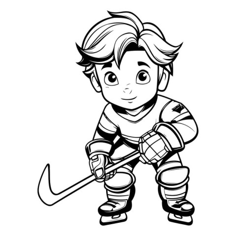 Hockey Player - Black and White Cartoon Illustration. Isolated o