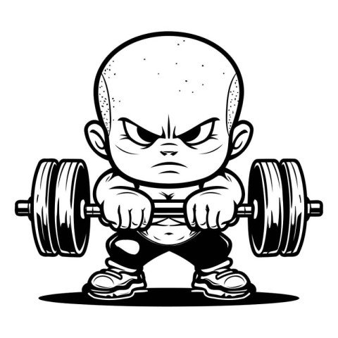 Angry cartoon bald man lifting a barbell. Vector illustration.