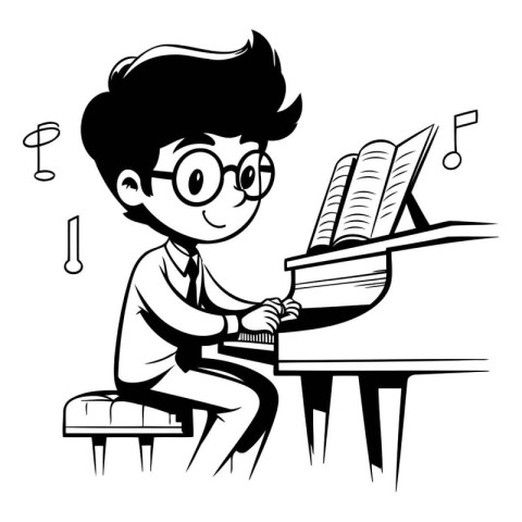 Boy playing piano - black and white vector illustration for colo