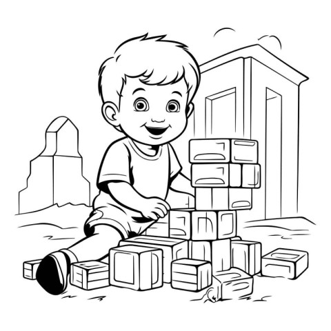 Cute little boy playing with building blocks. Black and white ve