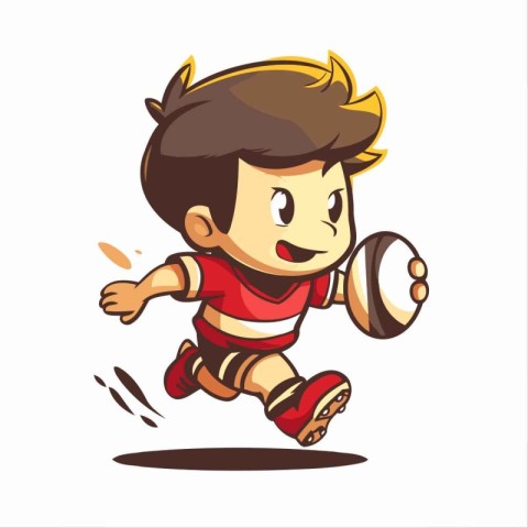 Illustration of a Little Boy Running with a Rugby Ball in His Ha