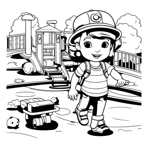 Black and White Cartoon Illustration of a Kid Boy Playing on the