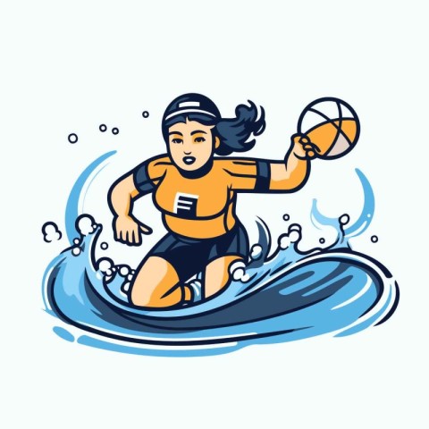 Water polo player with ball on the wave. Vector illustration.