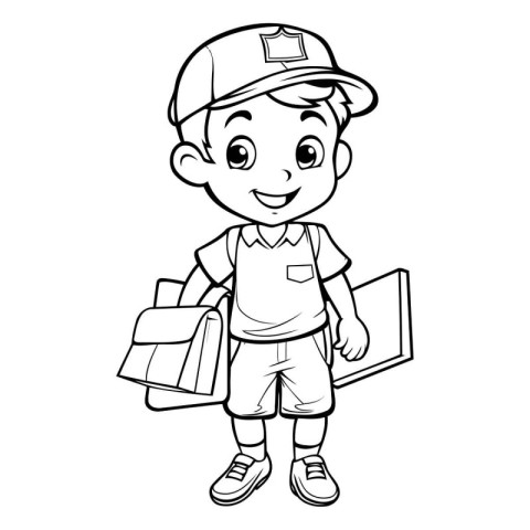 Vector Illustration of a Kid Boy with a School Bag - Coloring Bo