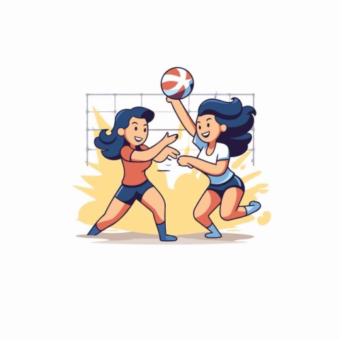 Volleyball players in action. Vector illustration in cartoon sty