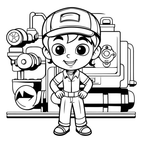 Black and White Cartoon Illustration of Kid Boy Construction Wor