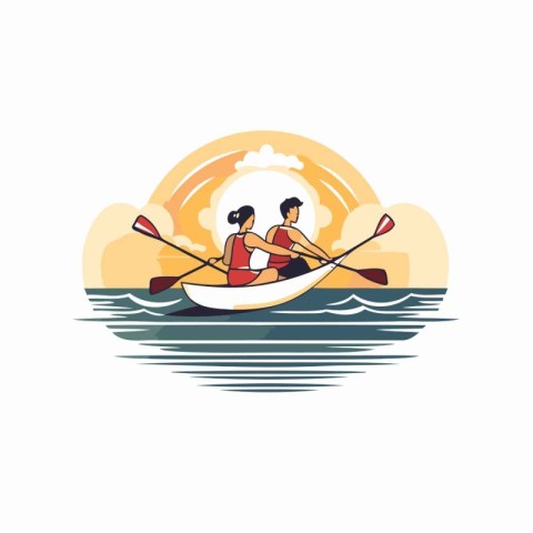 Couple in a canoe on the sea. Flat style vector illustration.