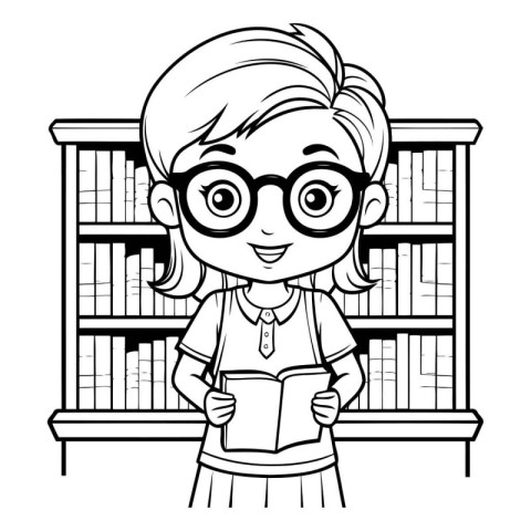 cute little student girl in the library cartoon vector illustrat